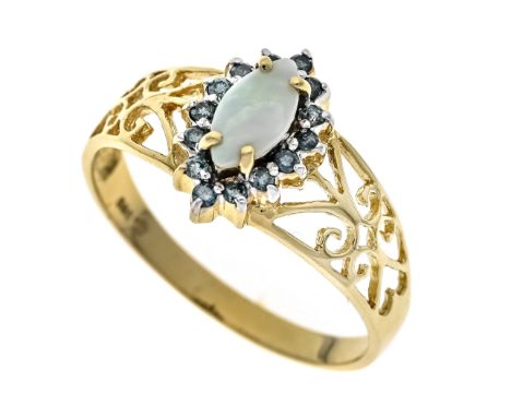 Opal-Brillant-Ring GG 585/000 mit einem Navette-förmigen Opal-Cabochon 7,8 x 4,0 mm und 14 Brillanten, zus. 0,17 ct FancyOcea