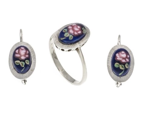 Emaille-Set WG 750/000 mit 3 ovalen Cabochons bemalt mit farbiger Emaille, Blumenmuster, Ring RG 56, Ohrringe L. 19 mm, 7,5 g
