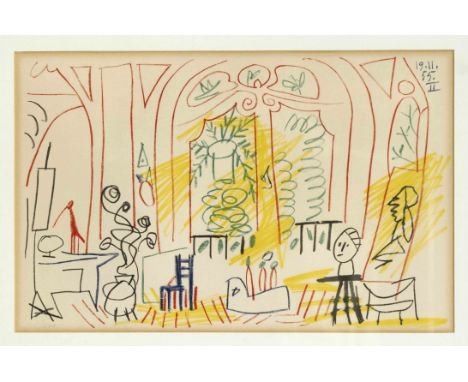 Pablo Picasso (1881-1973), Atelierinterieur, Farblithografie aus dem ''Carnet de la Californie'', nach einer Zeichnung von Pi