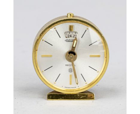Jaeger LeCoultre Reisewecker, Messing, um 1950, silberf. Zifferblatt mit schwarzen Strichindizies und aufgesetzten vergoldete