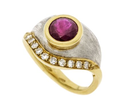Design Rubin-Brillant-Ring WG/GG 750/000 partiell mattiert, mit einem rund fac. Rubin 6,8 mm Rot, transluzent - opak und 10 A