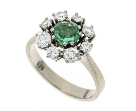 Smaragd-Brillant-Ring WG 585/000 mit einem im Smaragdschliff fac. Smaragd 0,75 ct Grün, transparent mit wenig inneren Merkmal
