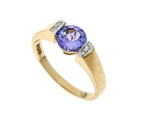 Harry Ivens Tansanit-Ring GGWG 375/000 mit einem rund fac. Tansanit 6,1 mm und 4 Achtkant-Diamanten, zus. 0,02 ct W/SI, RG 50