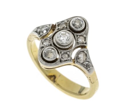 Art Déco Ring GG/WG 585/000 mit 3 Altschliff-Diamanten, zus. 0,12 ct l.get.W/SI-PI1 und 8 Diamantrosen, RG 46, 3,2 g