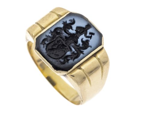 Wappen-Ring GG 585/000 mit einer fein mit einem Wappen-Relief geschnittenen Achat-Gemme 15,5 x 11,5 mm, RG 64, 8,5 g