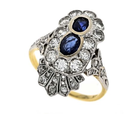 Asymmetrischer Art Déco Saphir-Ring GG/WG 585/000 mit 2 oval fac. Saphiren 4,9 x 3,7 und 4,1 x 2,9 mm Dunkelblau, transluzent