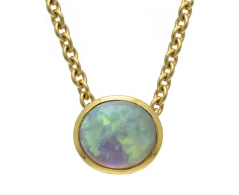 Opal-Gleiter GG 750/000 für Kette oder Halsreif mit einem feinen ovalen Opal-Cabochon 8,1 x 7,2 mm mit lebhaftem grün-blau-ro