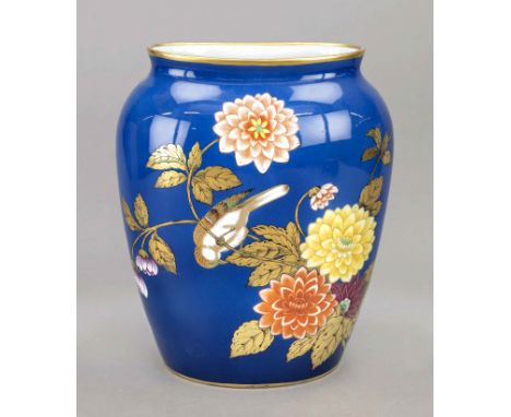 Art déco-Vase, Heubach, Lichte, Thüringen, Marke 1909-1945, gedrückte Form, polychrome Malerei mit Vogel auf Blütenzweig, bla