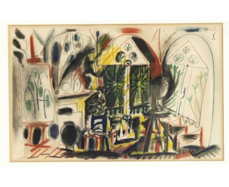 Pablo Picasso (1881-1973), Atelierinterieur, Farblithografie aus dem ''Carnet de la Californie'', nach einer Zeichnung von Pi