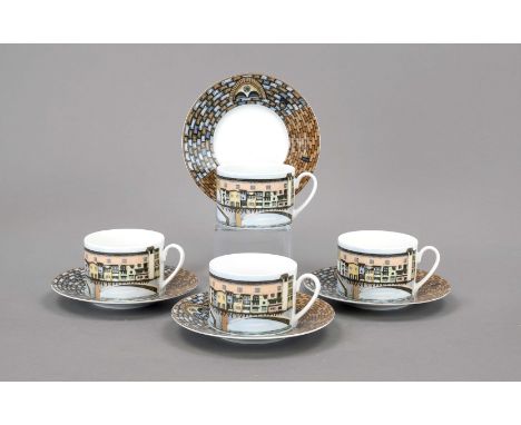 Vier  Teetassen mit UT, Rosenthal, Classic-Marke, 20. Jh., Entwurf Piero Fornasetti (1913-88), u. bez., polychromer Dekor, au