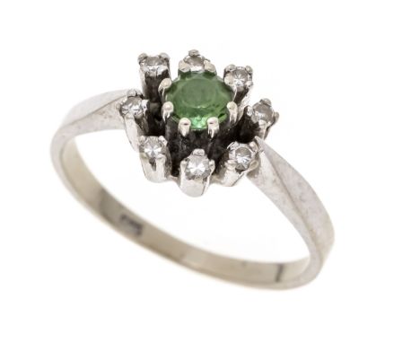 Turmalin-Diamant-Ring WG 585/000 mit einem rund fac. Turmalin 4,5 mm Dunkelgrün, transparent und 8 Achtkant-Diamanten, zus. 0