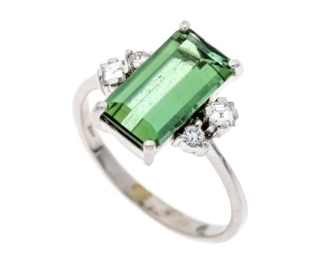 Turmalin-Diamant-Ring WG 750/000 mit einem rechteckig fac. grün-blauen Turmalin 11,2 x 6,3 mm Blaugrün, Augenrein sowie 2 Dia