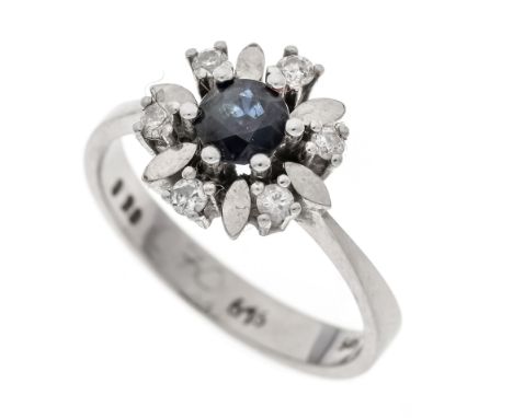 Saphir-Brillant-Ring WG 585/000 mit einem rund fac. Saphir 0,70 ct (eingraviert) Blau, transparent mit sehr wenig inneren Mer