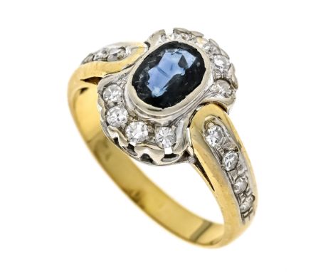 Saphir-Diamant-Ring GG/WG 750/000 mit einem oval fac. Saphir 6,2 x 4,9 x 2,6 mm Dunkelblau, transparent mit wenig inneren Mer
