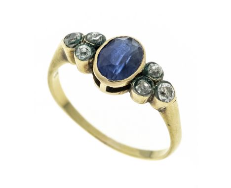 Saphir-Diamant-Ring GG 585/000 mit einem oval fac. Saphir 7,0 x 5,3 mm, Blau, transparent, mit wenig inneren Merkmalen, leich