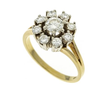 Brillant-Ring GG/WG 585/000 mit einem Brillanten 0,46 ct l.get.Weiß ( I-J ) / lupenrein-VVS und 8 Brillanten, zus. 0,32 ct We