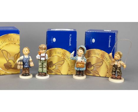 Konvolut aus 4 Hummelfiguren, Goebel, darunter: Meister Wichtig, Entwurf 1940, sign., polychrom bemalt, Modellnr. 143/0, H. 1