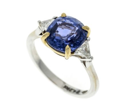 Saphir-Diamant-Ring WG 750/000 mit einem natürlichen, sehr guten im Kissenschliff fac., blauen Saphir 4,28 ct, in einem inten