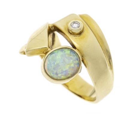 Opal-Brillant-Ring GG 585/000 mit einem ovalen Opal-Cabochon 8,4 x 7,3 x 1,6 mm in lebhaftem Farbenspiel und einem Brillanten
