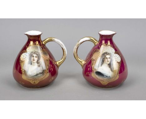 Paar Jugendstil-Henkelvasen, Rosenthal, Marke 1901-33, bauchige, sich nach oben verjüngende Kannenform, seitl. angesetzer Hen