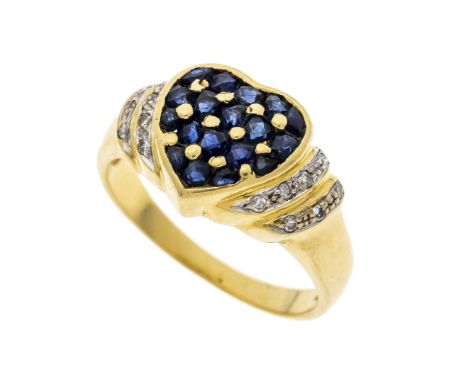 Herz-Ring GG/WG 750/000 mit kissenförmig fac., pavé gefassten Farbsteinen 1,7 mm Dunkelblau, opak und 14 Achtkant-Diamanten, 