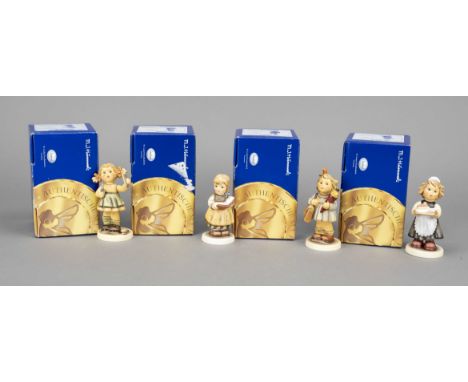 Konvolut aus 4 Hummelfiguren, Goebel, darunter: Mein erster Schultag, Erste Ausgabe 2002, 2000, sign., polychrom bemalt, Mode