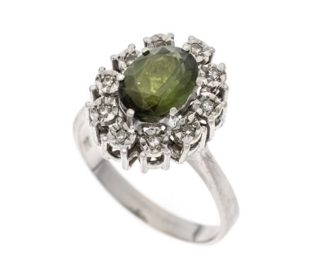 Turmalin-Diamant-Ring WG 585/000 mit einem oval fac. Turmalin 9 x 7 mm und 10 Achtkant-Diamanten, zus. 0,10 ct l.get.W/PI, RG