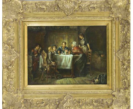 Sign. R. Kuenzel, Ende 20. Jh., Bauernfamilie am Abendtisch, Öl auf Holz, u. li. sign., 30 x 40 cm, ger. 53 x 63 cm