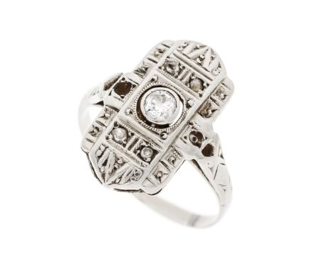 Art Déco Ring WG 585/000 und Platin, ungest., gepr., mit einem Altschliff-Diamanten 0,10 ct W/PI und 4 Diamantrosen, RG 56, 2