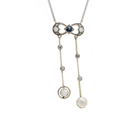 Art Déco Mittelteil WG/GG 585/000 mit einer weißen Perle 5,5 mm, einem rund fac. Saphir 3 mm und 7 Altschliff-Diamanten, zus.