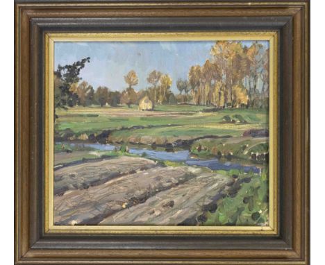Unidentifizierter Impressionist um 1910, Ackerlandschaft mit Kanal, Öl auf Malkarton, u. re. undeutlich sign. ''W.Sch...'', 3