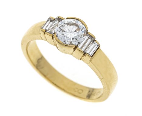 Brillant-Ring GG 750/000 mit einem Brillanten 0,77 ct (eingraviert) FeinesWeiß - Weiß (G-H) / Lupenrein - VVS und 4 Diamant-B