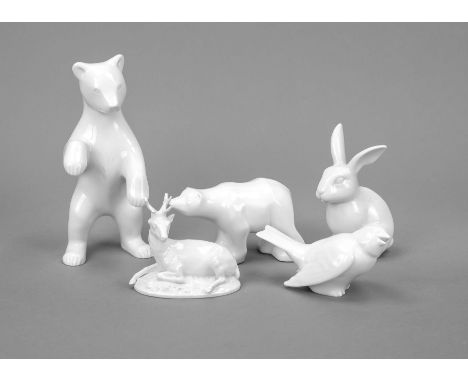 Fünf Tierfiguren, KPM Berlin, Marken 1870-1945 u. 1962-92 (1x ungemarkt), 1. u. 2. W., weiß, Berliner Bär, Entw. Johannes Hen