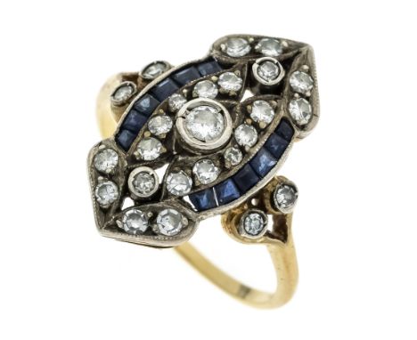 Art Déco Ring GG/WG 750/000 mit 12 fac. Saphir-Carrés 1,5 mm sowie einem Brillanten und 24 Achtkant-Diamanten, zus. 0,32 ct l