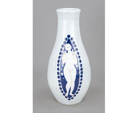 Art Deco Vase,  im Boden sign. LUC,  1930er Jahre, Keramik, hellrosa Scherben, weißer craquellierter Fond, umlaufend drei bla