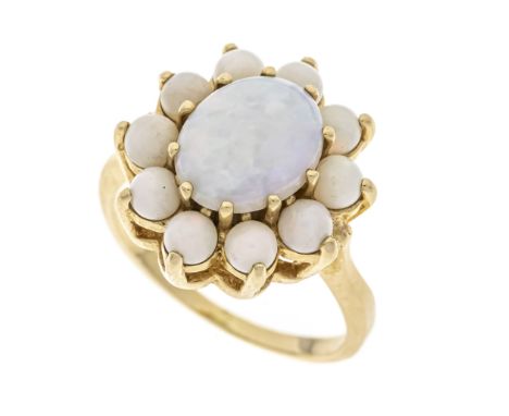 Opal-Ring GG 585/000 mit einem ovalen und 10 runden Opal-Cabochons 9,8 x 7,8 und 3 mm mit leichtem Farbenspiel, RG 51, 4,5 g
