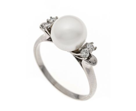 Akoya-Brillant-Ring WG 750/000 ungest., gepr., mit einer weißen Akoyaperle 8,9 mm und 4 Brillanten, zus. 0,11 ct W/VS-SI, RG 
