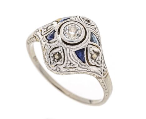 Art Déco Ring WG 750/000 mit einem Altschliff-Diamanten 0,12 ct W/SI, 4 Diamantrosen und 4 fac. Saphir-Trapezen, RG 49, 3,0 g