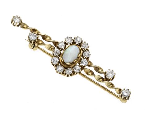 Opal-Diamant-Brosche RG 585/000 ungest., gepr., mit einem ovalen Opal-Cabochon 7,3 x 4,9 mm mit leichtem Farbenspiel, stark b