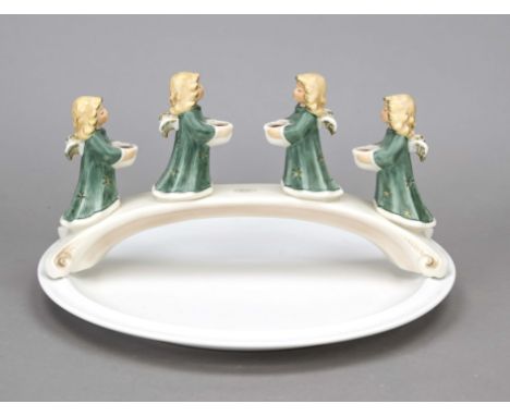 Weihnachtsfigur, Goebel, Engelbrücke grün, Weihnacht, Entwurf 1970, sign., 4 Engel mit Kerzenhalterungen in den Händen, auf s