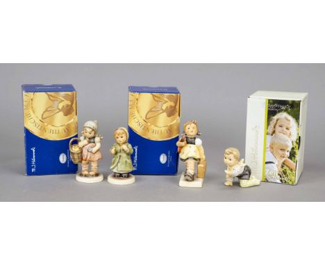 Konvolut aus 4 Hummelfiguren, Goebel, darunter: Jetzt komm' ich, Zeit für Hummel, sign., polychrom bemalt, Modellnr. 2080/B, 