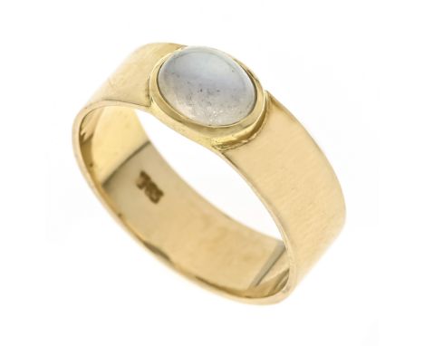 Mondstein-Ring GG 585/000 mit einem ovalen Mondstein-Cabochon 7,5 x 6 mm Weiß, bläulich alternierend, RG 60, 4,9 g