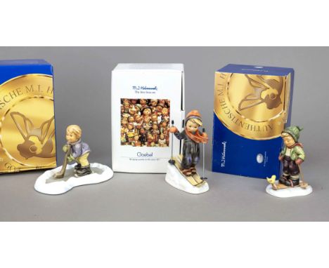 Konvolut aus 3 Hummelfiguren, Goebel, darunter: Eishockey-Spielerin, Erste Ausgabe 2002, Entwurf 2000, sign., polychrom bemal