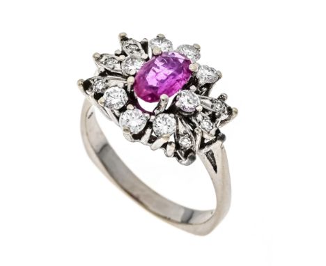 Rubin-Brillant-Ring WG 585/000 mit einem oval fac. Rubin 0,77 ct in einem hellen leicht pinkstichigen Rot, transparent mit we