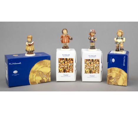 Konvolut aus 4 Hummelfiguren, Goebel, darunter: Eins und eins..., 1989, sign., polychrom bemalt, Modellnr. 556, H. 10 cm; Kom