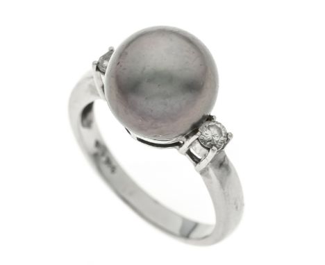 Tahiti-Brillant-Ring WG 585/000 mit einer silbergrauen Tahitiperle 10,9 mm und 2 Brillanten, zus. 0,16 ct get.W/SI, RG 54, 4,