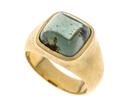 Turmalin-Ring GG 750/000 mit einem Carré-förmigen Turmalin-Cabochon in einem blaustichigen Grün, transparent, leicht bestoßen