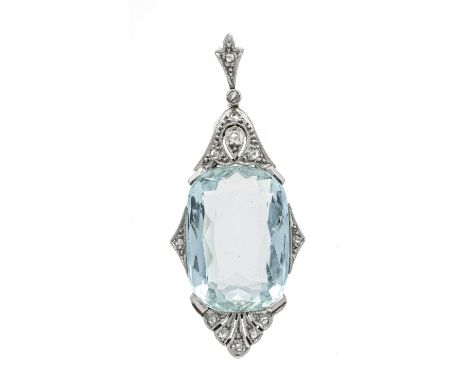 Art Déco Aquamarin-Anhänger GG/WG 585/000 ungest., gepr., mit einem im Kisschenschliff fac. Aquamarin17,7 x 12,7 mm, Hellblau
