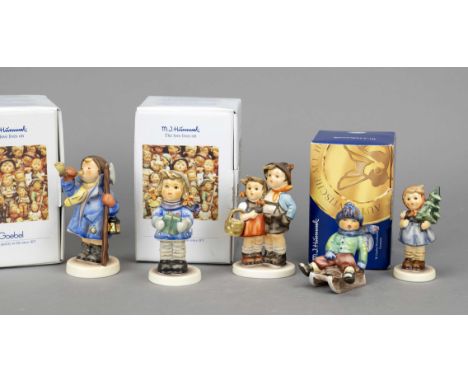 Konvolut aus 4 Hummelfiguren, Goebel, darunter: Mädchen mit Tannenbaum, 1997, sign., polychrom bemalt, Modellnr. 239/D, H. 8 