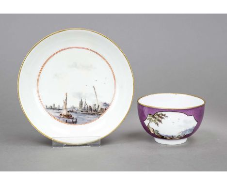 Koppchen mit UT,  Meissen, um 1740-50, Koppchen mit beidseitig passig geschweifte Reserven mit polychromen Kauffahrteiszenen,